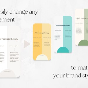 May include: Three different designs for a social media post template with the text "After massage therapy" and a description of how you might feel after a massage. The designs feature a yellow, green, and blue color scheme.