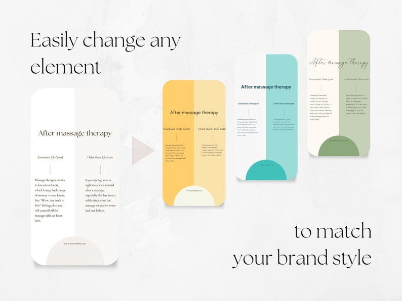May include: Three different designs for a social media post template with the text "After massage therapy" and a description of how you might feel after a massage. The designs feature a yellow, green, and blue color scheme.