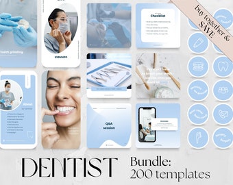 200 Dental BUNDLE: 60 Posts, 60 Stories, 80 Highlight Covers Template | Social Media dentist clinic, IG Instagram Facebook oral health care