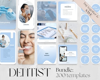 200 Dental BUNDLE: 60 Posts, 60 Stories, 80 Highlight Covers Template | Social Media dentist clinic, IG Instagram Facebook oral health care