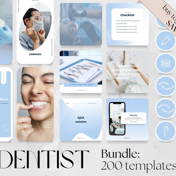 200 Dental PAKET: 60 Beiträge, 60 Geschichten, 80 Highlight Covers Template | Social Media Zahnarztpraxis, IG Instagram Facebook Mundgesundheit