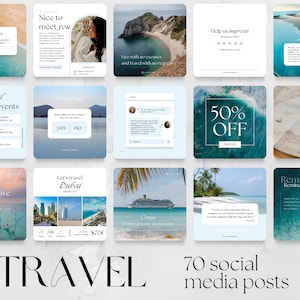 70 Travel Social Media Posts Templates | Facebook Instagram IG, travel agency agent traveling blogger hotel resort beach deals Branding Feed