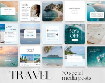 70 Travel Social Media Posts Templates | Facebook Instagram IG, travel agency agent traveling blogger hotel resort beach deals Branding Feed