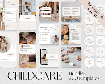 May include: A collection of 200 social media templates for childcare businesses. The templates feature a variety of designs, including images of children playing with wooden blocks, text overlays, and icons. The text "CHILDCARE Bundle: 200 templates" is displayed at the bottom of the image.