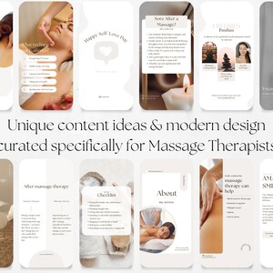 May include: A collage of nine images promoting massage therapy services. The images feature a variety of themes, including the benefits of massage, self-care, and the different types of massage available. The images are designed in a modern and minimalist style, with a neutral color palette of beige, white, and brown.
