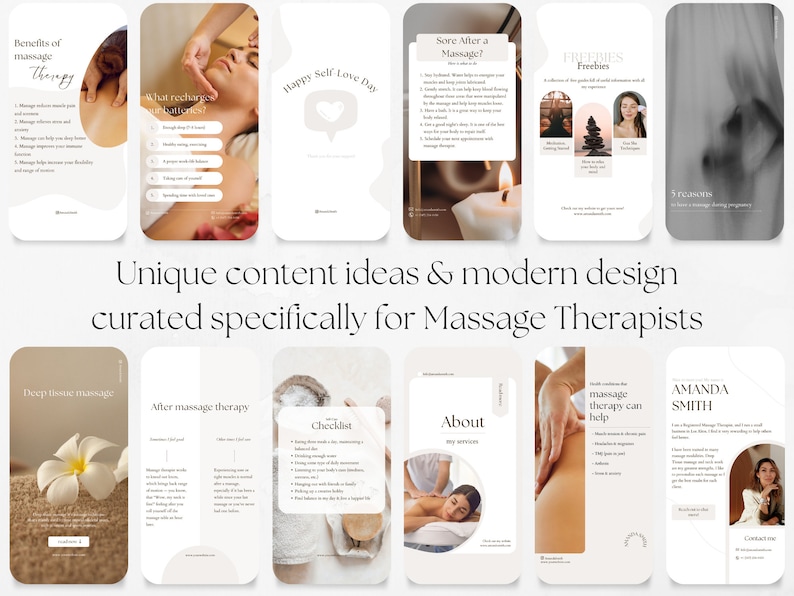 May include: A collage of nine images promoting massage therapy services. The images feature a variety of themes, including the benefits of massage, self-care, and the different types of massage available. The images are designed in a modern and minimalist style, with a neutral color palette of beige, white, and brown.