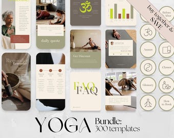 BUDNLE: 300 Yoga Posts, Stories, Highlight Covers Social Media Templates | Instagram Facebook Canva Editable Designs, Local Zen Yoga Studio