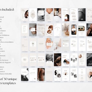 May include: A collage of 50 Instagram story templates for doulas, featuring images of babies, pregnant women, and text overlays. The text "What's Included" lists various topics such as expert advice, birth stories, and Q&A sessions. The text "Total of 50 unique Stories templates" is also included.