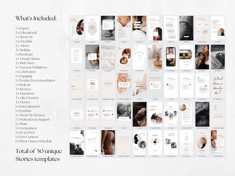 May include: A collage of 50 Instagram story templates for doulas, featuring images of babies, pregnant women, and text overlays. The text "What's Included" lists various topics such as expert advice, birth stories, and Q&A sessions. The text "Total of 50 unique Stories templates" is also included.