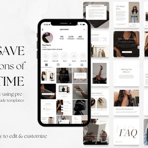 May include: A screenshot of a mobile phone displaying a social media app with a grid of images. The images are mostly of fashion items and lifestyle content. The text "SAVE tons of TIME by using pre-made templates" is displayed on the left side of the image. The text "Easy to edit & customize" is displayed at the bottom of the image.