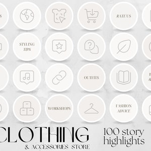 Può includere: Un set di 25 icone di evidenziazione delle storie di Instagram per un negozio di abbigliamento e accessori. Le icone sono in stile minimalista con sfondo bianco e contorni grigi. Le icone includono argomenti come tendenze, consigli di stile, outfit, consigli di moda e altro ancora.