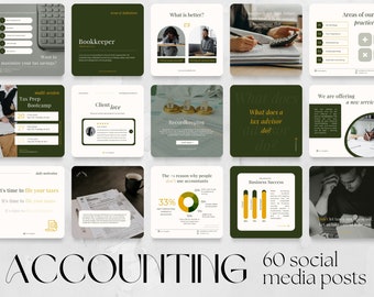 May include: A collection of 60 social media posts for accounting businesses. The posts cover a range of topics, including tax preparation, bookkeeping, and financial advice. The posts are designed to be visually appealing and informative, and they are sure to help you engage your audience and grow your business.