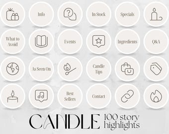 Op de afbeelding: Een grafiek met 16 witte cirkels die zwarte pictogrammen en tekst bevatten. De pictogrammen staan voor verschillende onderwerpen voor Instagram story highlights. De tekst omvat "What to Avoid", "Info", "Events", "Candle Tips", "Best Sellers", "Contact", "Ingredients", "Q&A", "As Seen On", "In Stock", "Specials" en "CANDLE 100 story highlights".