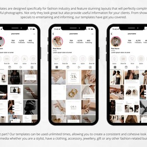 May include: Three screenshots of a mobile phone displaying a social media profile with a grid of images. The profile has a username, post count, follower count, and following count. The grid of images includes a variety of photos, including fashion items, lifestyle shots, and product shots.