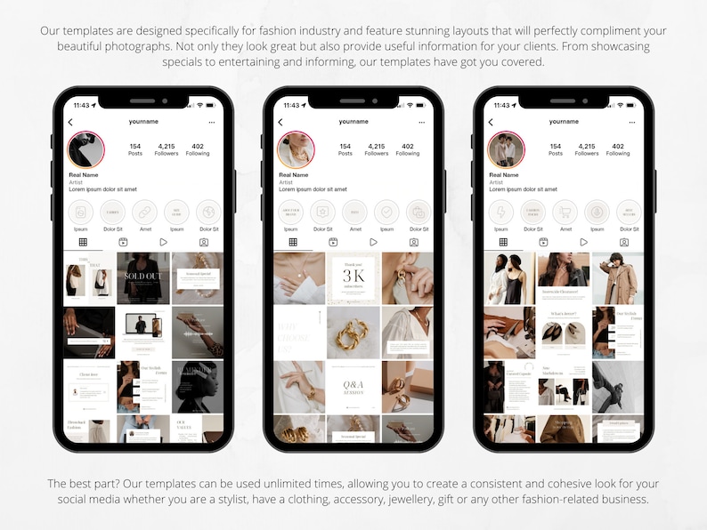 May include: Three screenshots of a mobile phone displaying a social media profile with a grid of images. The profile has a username, post count, follower count, and following count. The grid of images includes a variety of photos, including fashion items, lifestyle shots, and product shots.