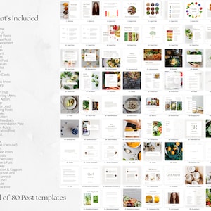May include: A collage of 80 social media post templates for a health and wellness business. The templates feature a variety of images, text, and graphics, including food, recipes, and motivational quotes. The text "Total of 80 Post templates" is visible at the bottom of the image.