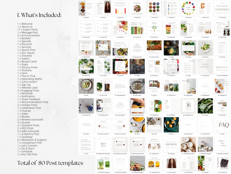 May include: A collage of 80 social media post templates for a health and wellness business. The templates feature a variety of images, text, and graphics, including food, recipes, and motivational quotes. The text "Total of 80 Post templates" is visible at the bottom of the image.