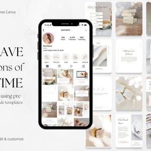 Op de afbeelding: Een smartphone toont een Instagram-profiel met afbeeldingen van zeep. De tekst "SAVE tons of TIME by using pre-made templates" is zichtbaar. De achtergrond is licht en neutraal met designelementen.