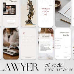 Puede incluir: Una colección de plantillas de historias de redes sociales para abogados. Las plantillas presentan una variedad de temas legales, que incluyen sesiones de preguntas y respuestas, recordatorios, información sobre derechos de autor y áreas de práctica. Las plantillas están diseñadas para ser visualmente atractivas e informativas.