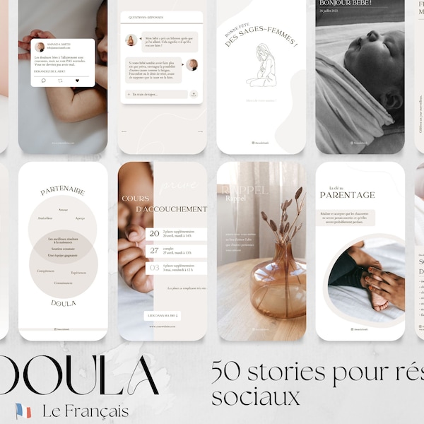 Doula: 50 stories pour réseaux sociaux | modèles modifiables, post-partum sage-femme idée de contenu, histoires Facebook Instagram (FRENCH)