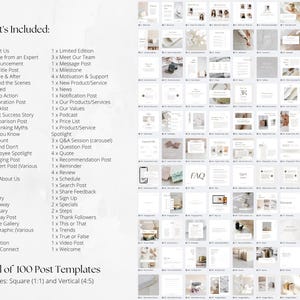 Op de afbeelding: Een digitale productweergave met 100 sjablonen voor social media posts in vierkante en verticale formaten. De afbeelding bevat een lijst met inbegrepen posttypen, zoals aankondigingen, veelgestelde vragen en product spotlights. De tekst "Total of 100 Post Templates" is zichtbaar.