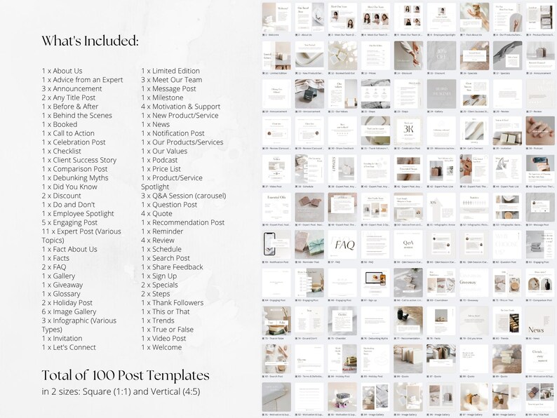 Op de afbeelding: Een digitale productweergave met 100 sjablonen voor social media posts in vierkante en verticale formaten. De afbeelding bevat een lijst met inbegrepen posttypen, zoals aankondigingen, veelgestelde vragen en product spotlights. De tekst "Total of 100 Post Templates" is zichtbaar.