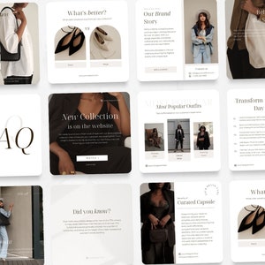 May include: A collection of Instagram story templates for a fashion brand. The templates feature a variety of images and text, including a FAQ section, a new collection announcement, a behind-the-scenes look, and a curated capsule.
