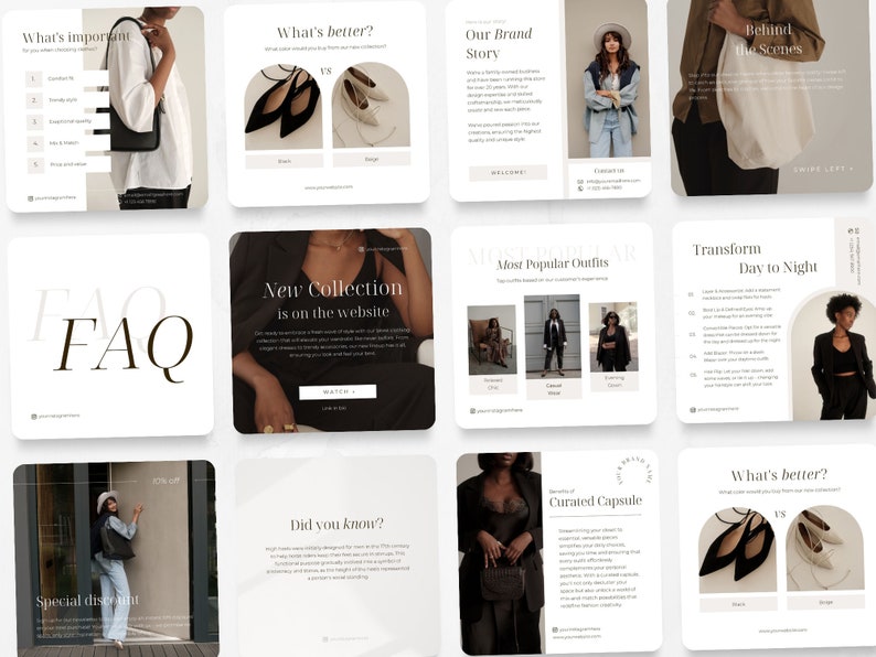 May include: A collection of Instagram story templates for a fashion brand. The templates feature a variety of images and text, including a FAQ section, a new collection announcement, a behind-the-scenes look, and a curated capsule.