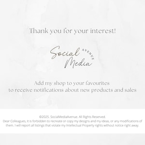 Op de afbeelding: Lichte achtergrond met tekst die luidt: "Bedankt voor uw interesse!" en "Social Media Avenue". De tekst "Voeg mijn shop toe aan je favorieten om meldingen te ontvangen over nieuwe producten en verkopen" is ook aanwezig. Copyright informatie staat onderaan.