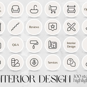 Könnte beinhalten: Eine Grafik mit 16 kreisförmigen Symbolen, die verschiedene Aspekte der Innenarchitektur darstellen. Die Symbole beinhalten ein Sofa, ein Waschbecken, einen Einkaufswagen, einen Kamin, Treppen, eine Farbrolle, einen Bauplan, eine Hand mit gespreizten Fingern, ein Mikrofon, eine Farbpalette und ein Kettenglied. Der Text "INTERIOR DESIGN 100 story highlights" befindet sich am unteren Rand der Grafik.