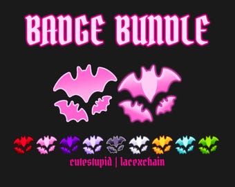 May include: A set of ten digital badges featuring a pink bat design. The badges are in various colors, including red, pink, purple, light blue, gray, white, yellow, turquoise, and green. The text "BADGE BUNDLE" is at the top of the image in pink letters. The text "cutesupid | lacexchain" is at the bottom of the image.