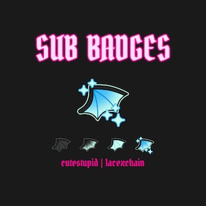 Könnte beinhalten: Sub-Badges für Twitch mit einem Flügeldesign in Blau und Weiß mit Glitzer. Der Text "cutesupid | lacexchain" befindet sich unter den Badges.