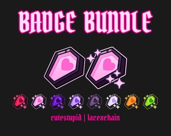 May include: A digital badge bundle with a pink coffin design featuring a pink heart. The badge is available in 10 different colors: red, pink, purple, blue, gray, white, orange, green, yellow, and black. The text "BADGE BUNDLE" is in pink and the text "cutestupid | lacexchain" is in white.