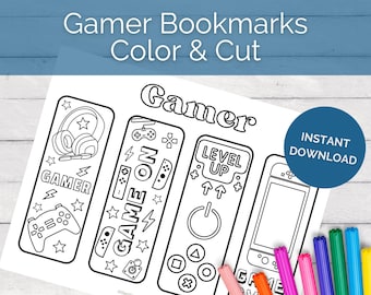 Op de afbeelding: Zwart-witte printbare bladwijzers met gamer-thema illustraties. De bladwijzers bevatten een controller, koptelefoon, een gamecartridge en een level-up knop. De tekst "Gamer" en "Game On" is opgenomen op de bladwijzers. De bladwijzers zijn klaar om in te kleuren en uit te knippen.