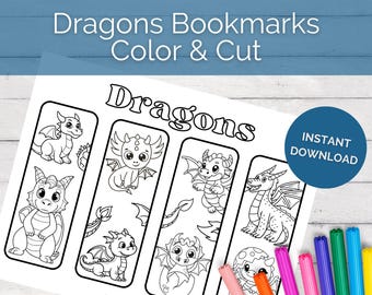 May include: A printable sheet of dragon-themed bookmarks, ready to be colored and cut. The design features various cartoon dragons in different poses. The text "Dragons Bookmarks Color & Cut" is at the top, with "Instant Download" on a blue circle.