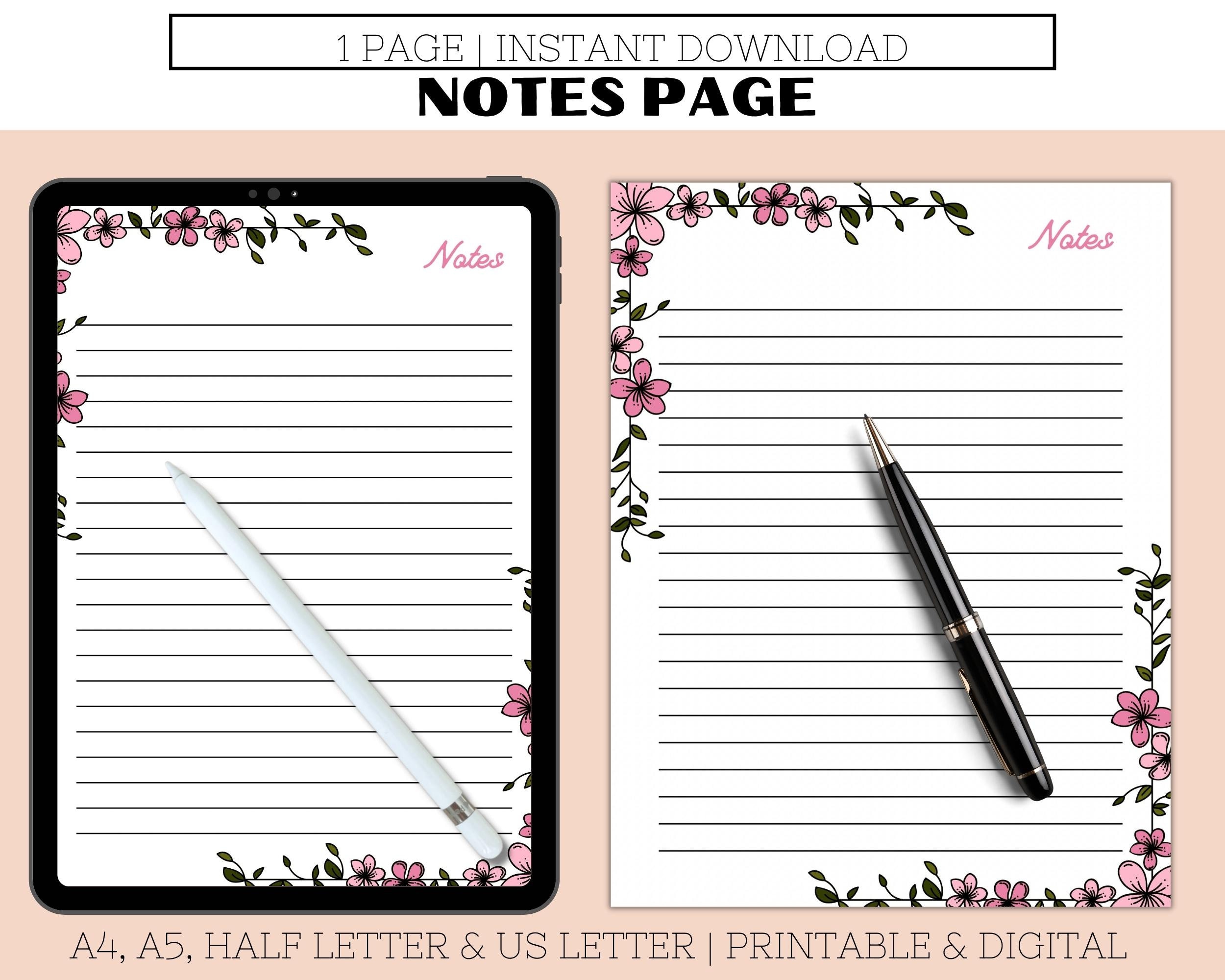 FLORAL NOTES PAGE| Notes Page Printable| Digital Download| Flowers ...
