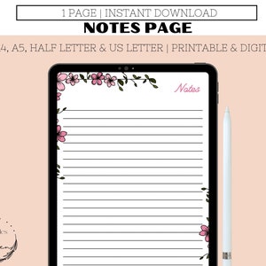 FLORAL NOTES PAGE| notes page printable| digital download| flowers notes page| instant download| simple notes page| lined notes page