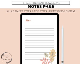 FALL NOTES PAGE| lined notes page | instant download | autumn note taking | printable notes page| Digital notes page
