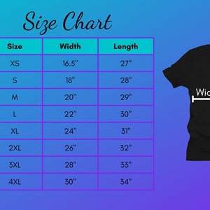May include: Size chart for a Bella + Canvas 3001 Unisex T-Shirt. The chart shows the width and length measurements in inches for sizes XS to 4XL.