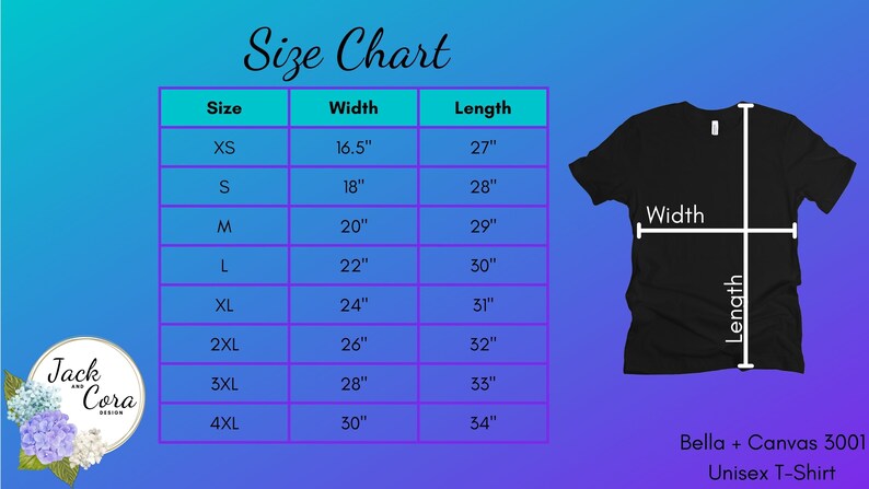 May include: Size chart for a Bella + Canvas 3001 Unisex T-Shirt. The chart shows the width and length measurements in inches for sizes XS to 4XL.