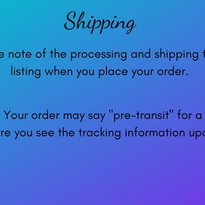 May include: A blue and purple gradient background with white text that reads "Shipping" and "Please take note of the processing and shipping time on the listing when you place your order."  The text continues with "Tracking: Your order may say "pre-transit" for a few days before you see the tracking information update."  A white circle with a floral design and the text "Jack & Cora Design" is in the lower left corner.  The text "Bella + Canvas 3001 Unisex T-Shirt" is in the lower right corner.