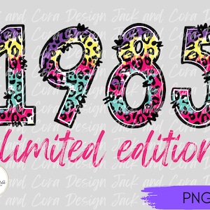 May include: A digital design featuring the year 1985 in large, colorful, tie-dye font with a leopard print pattern. The text "limited edition" is written below the year in pink.