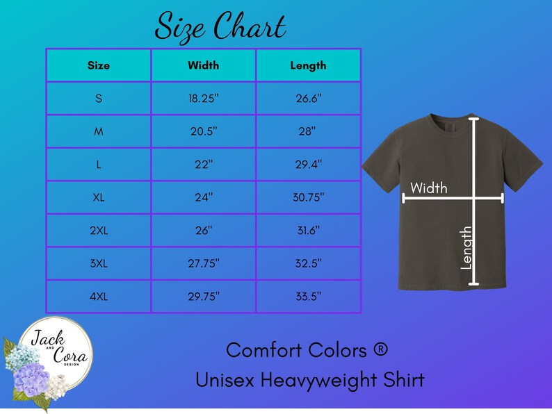 Op de afbeelding: Maattabel voor een unisex zwaargewicht t-shirt, met de afmetingen in inches voor breedte en lengte voor maten S tot en met 4XL. De tabel staat op een blauwe achtergrond met een illustratie van een grijs t-shirt.