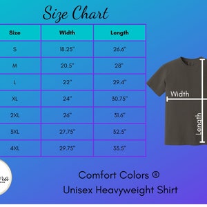 May include: Size chart for a unisex heavyweight t-shirt, showing measurements in inches for width and length for sizes S through 4XL. The chart is on a blue background with a gray t-shirt illustration.