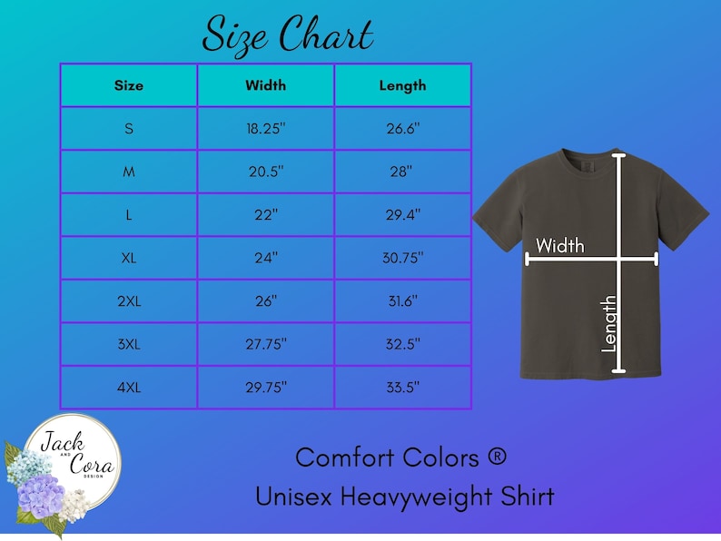 May include: Size chart for a unisex heavyweight t-shirt, showing measurements in inches for width and length for sizes S through 4XL. The chart is on a blue background with a gray t-shirt illustration.