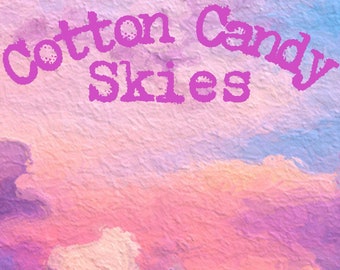 May include: An abstract artwork with a textured finish, showcasing a mix of pink, purple, and blue tones, evoking a sunset or sunrise. The words "Cotton Candy Skies" are written in a textured, purple font across the top.
