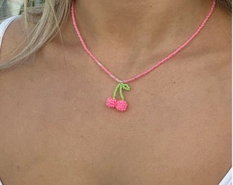 summer beaded hot pink cherry necklace