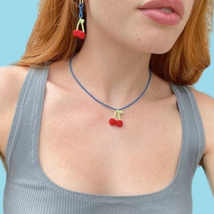 Blue beaded cherry necklace Large cherry