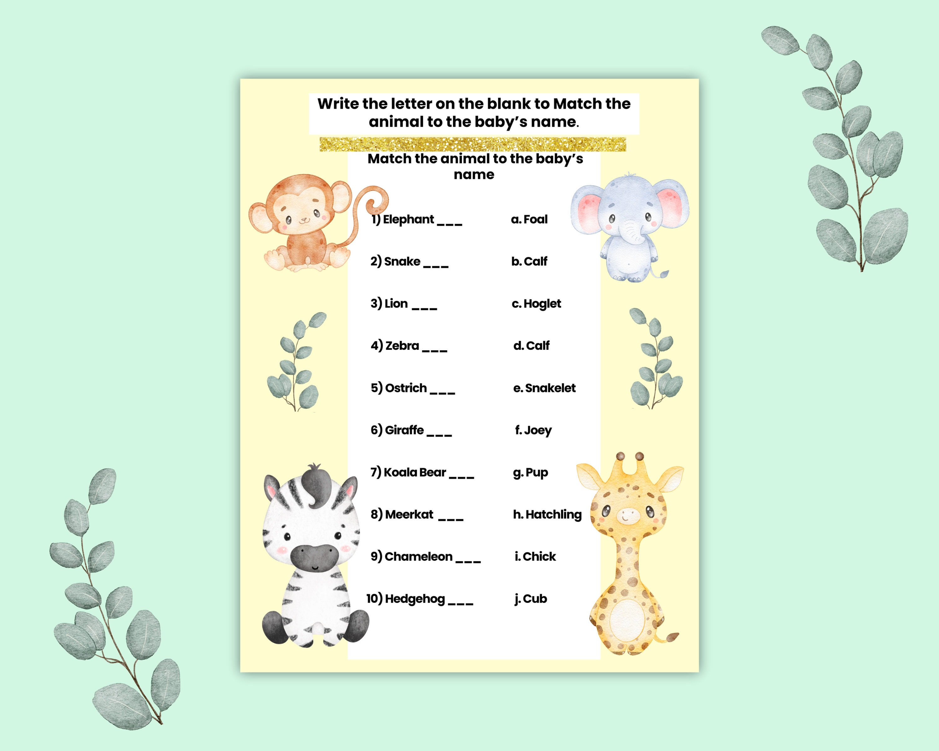 Printable Jungle Safari Baby Shower Games & Activities Animal Themed
