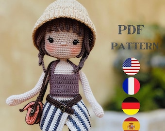 Crochet Doll Pattern, Hana doll, Amigurumi Doll Pattern, PDF in English, French, German, Spanish.